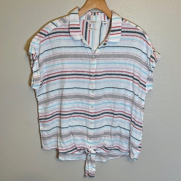 Weatherproof Vintage Linen Blend Short Sleeve button Down Knotted Shirt - Picture 1 of 11